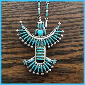 Vintage EBW Sterling Turquoise Necklace Brooch 30”